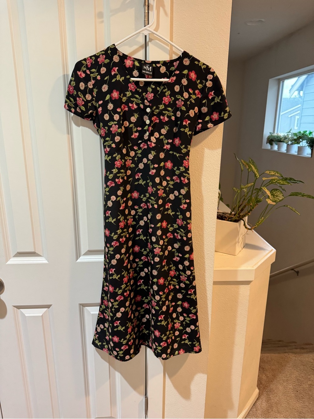 Vintage MM Black Floral Short-Sleeve Fit & Flare Dress - Pink & Green Floral